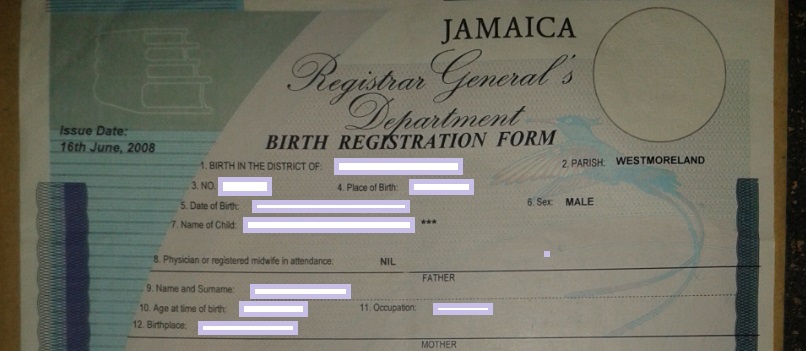 Jamaica Birth Certificate Specimen
