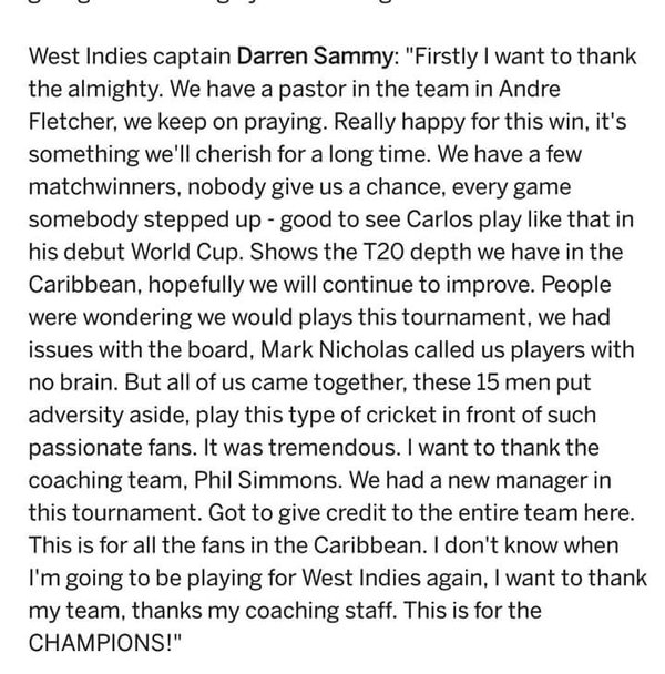 darren sammy post match interview on ICC T20 2016 final win