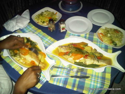 Enjoying Okra and Jamaican Steam Fish
