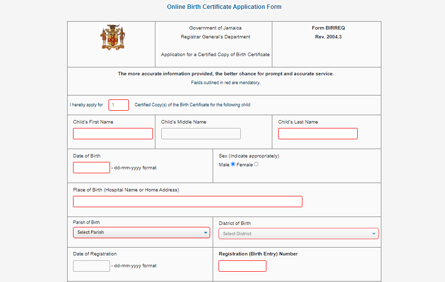 Replacement Of Jamaican Birth Certificate